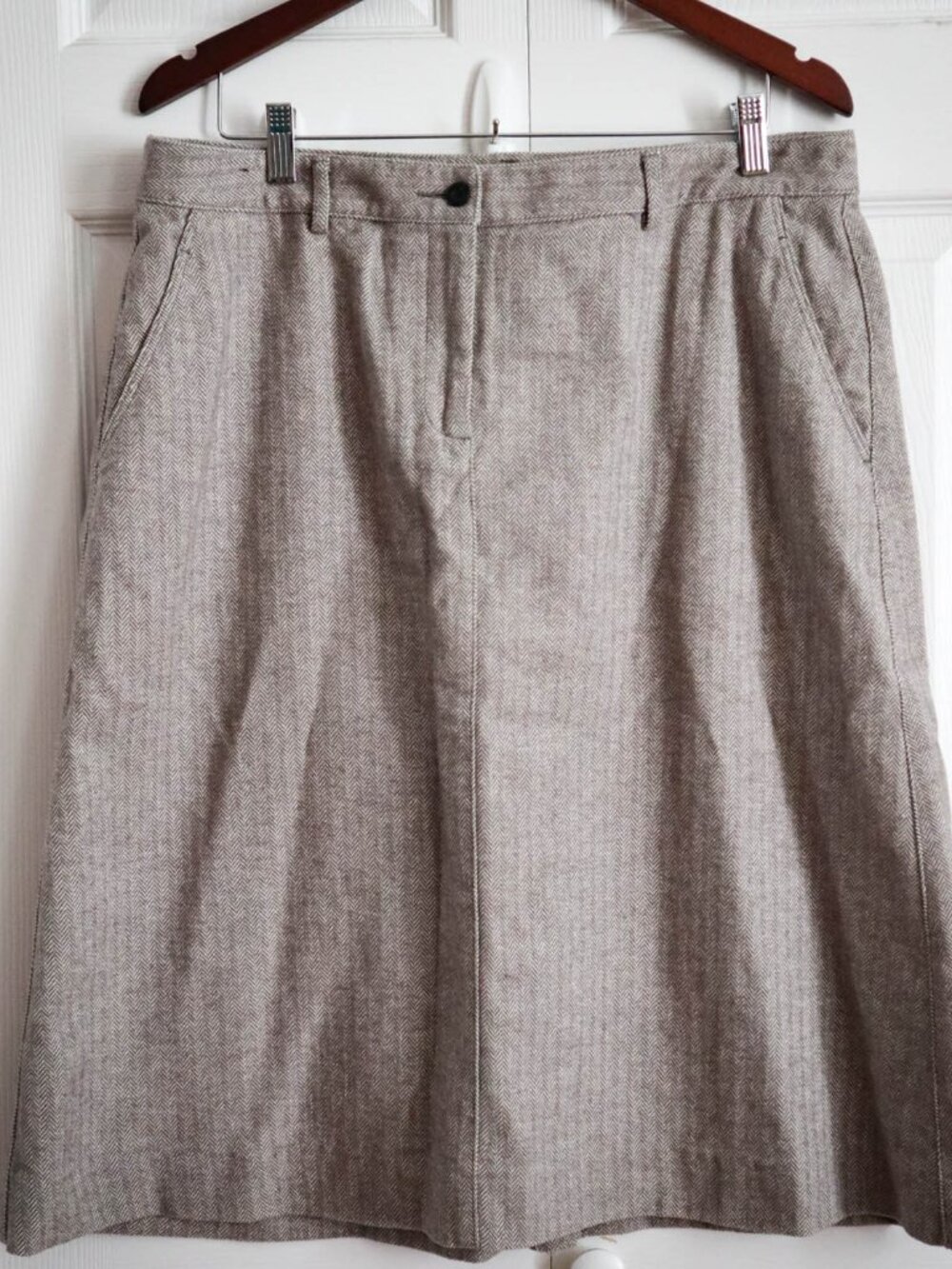 LL Bean 100% Cotton Aline Midi Skirt Sz 14 Petite Gray White Herringbone Preppy